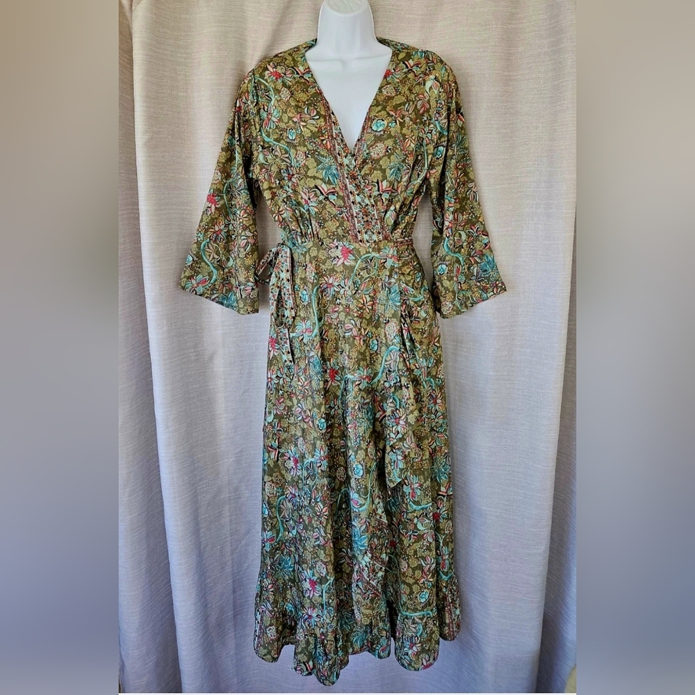 Cienna Silk Blend Multicolor Floral Ruffle Full Wrap Maxi Dress Sz L